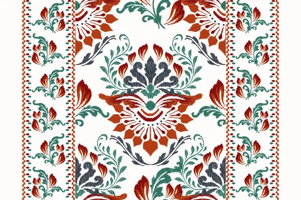 Halı nakışı, beyaz arkaplan vektör illüstrasyonunda geleneksel Ikat deseni. Barok, el çizimi, desen, kumaş, giysi, ambalaj, dekorasyon, halı, kilim için soyut tasarım..
