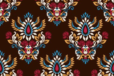 Yüzey izi, koyu kahverengi arkaplan vektör illüstrasyonundaki Ikat çiçekli desen. Barok, elle çizilmiş nakış, soyut desen. Doku, kumaş, giysi, ambalaj, dekorasyon, baskı için tasarım.
