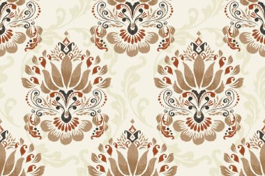 Beyaz arkaplan vektör illüstrasyonunda Damask Ikat çiçek deseni. Etnik doğuya özgü nakış, soyut özgeçmiş. Doku, kumaş, giysi, ambalaj, dekorasyon, baskı için tasarım.