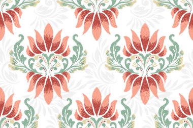 Barok dikişsiz desen, beyaz arkaplan vektör illüstrasyonunda Ikat çiçekli nakış. El çizimi, bağlama, geleneksel tasarım. Doku, kumaş, giysi, ambalaj, dekorasyon, yüzey izi..