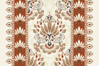 Halı nakışı, beyaz arkaplan vektör illüstrasyonunda geleneksel Ikat deseni. Barok, el çizimi, desen, kumaş, giysi, ambalaj, dekorasyon, halı, kilim için soyut tasarım..