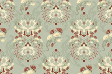 Yeşil arkaplan vektör illüstrasyonunda barok deseni, Ikat çiçek nakışı, Aztek tarzı, el çizimi, suluboya deseni. Doku, kumaş, giysi, ambalaj, dekorasyon, yüzey izi için tasarım.