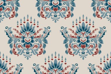 Gri arkaplan vektör illüstrasyonu, Ikat çiçekli nakış, Aztek stili, el çizimi, suluboya deseni. Doku, kumaş, giysi, ambalaj, dekorasyon, yüzey izi için tasarım..