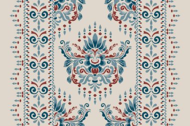 Dijital boya deseni. Gri arkaplan vektör illüstrasyonuna Ikat çiçek nakışı. El çizimi, el çizimi, mürekkep dokusu. Doku, kumaş, giysi, dekorasyon, atkı, halı, parmak izi..