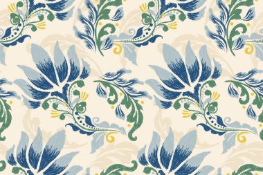 Dijital boya dikişsiz desen. Beyaz arkaplan vektörü illüstrasyonunda Ikat çiçek nakışı. El çizimi, mürekkep dokusu. Doku, kumaş, giysi, süs, atkı, halı tasarımı..