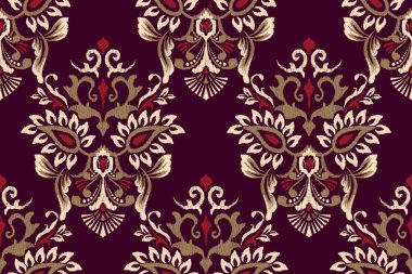 Mor arka planda barok Ikat çiçekli desensiz desen. Etnik doğuya özgü işlemeli vektör çizimi. El çizimi, emzirme. Doku, kumaş, giysi, dekorasyon, yüzey izi tasarımı..