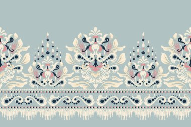 kumaş deseninde mürekkep. Mavi arkaplan vektör illüstrasyonunda Ikat çiçek nakışı. El çizimi, batik, barok stili. Doku, kumaş, giysi, ambalaj, dekorasyon, sarong, atkı, iz..