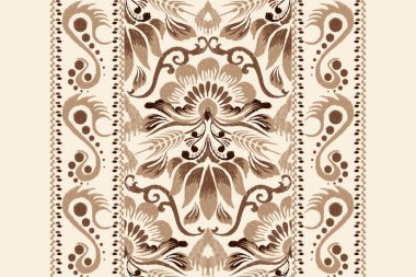 Dijital boya deseni. Beyaz arkaplan vektör illüstrasyonuna Ikat çiçek nakışı. El çizimi, el çizimi, mürekkep dokusu. Doku, kumaş, giysi, dekorasyon, eşarp, halı, parmak izi.