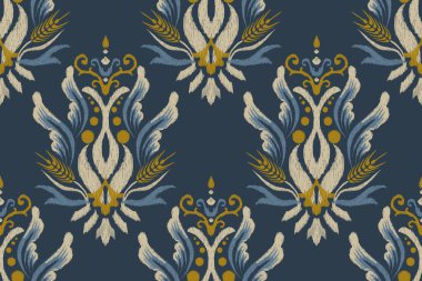 Dijital boyama dizaynı, lacivert arka planda kusursuz desen. Kumaş vektör illüstrasyonunda mürekkep. Geleneksel, barok, el çizimi. Doku, kumaş, giysi, ambalaj, dekorasyon, halı tasarımı.