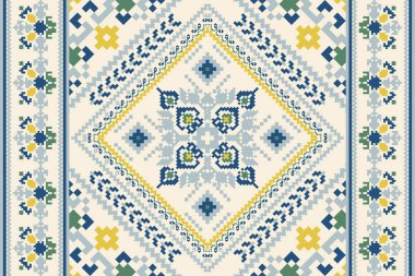 Beyaz arkaplan vektörü illüstrasyonuna çiçek pikseli sanat nakışı. Geometrik etnik oryantal desen geleneği, soyut arkaplan. Doku, kumaş, giysi, süs, eşarp için tasarım.