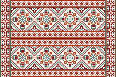 Beyaz arka plan üzerine çiçek haçı nakışı. Geometrik etnik oryantasyon vektör ilüstrasyonu, Aztek tarzı, soyut özgeçmiş. Doku, kumaş, giysi, dekorasyon, atkı, halı.