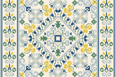 Beyaz arkaplan vektörü illüstrasyonunda çiçek haçı deseni. Geometrik etnik oryantal nakış, soyut özgeçmiş. Doku, kumaş, giysi, ambalaj, dekorasyon, eşarp.