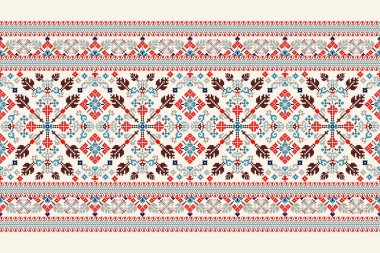 Beyaz zemin üzerinde Ukrayna deseni vektör illüstrasyonu. Geometrik etnik oryantal nakış, Aztek tarzı, geleneksel, piksel sanat. Doku, kumaş, giysi, ambalaj, dekorasyon, eşarp, halı.