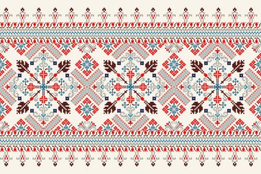 Beyaz zemin üzerinde Ukrayna deseni vektör illüstrasyonu. Geometrik etnik oryantal nakış, Aztek tarzı, geleneksel, piksel sanat. Doku, kumaş, giysi, ambalaj, dekorasyon, eşarp, halı.