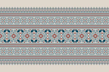 Geometrik etnik oryantal model vektörü illüstrasyonu. Gri arkaplan üzerine çiçek pikseli sanat nakışı, Aztek tarzı, soyut arkaplan. Doku, kumaş, giysi, ambalaj, dekorasyon, atkı, baskı için tasarım..