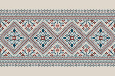 Geometrik etnik oryantal model vektörü illüstrasyonu. Gri arkaplan üzerine çiçek pikseli sanat nakışı, Aztek tarzı, soyut arkaplan. Doku, kumaş, giysi, ambalaj, dekorasyon, atkı, baskı için tasarım..