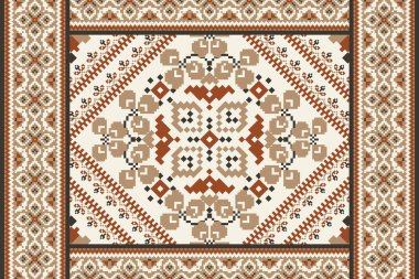 Beyaz arka planda geleneksel geometrik etnik oryantal desen. Çiçek pikseli sanat nakış vektör ilüstrasyonu. ztec stili, soyut arkaplan. Doku, kumaş, kumaş, dekorasyon, eşarp, baskı için tasarım