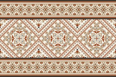 Beyaz arka planda geleneksel geometrik etnik oryantal desen. Çiçek pikseli sanat nakış vektör ilüstrasyonu. ztec stili, soyut arkaplan. Doku, kumaş, kumaş, dekorasyon, eşarp, baskı için tasarım