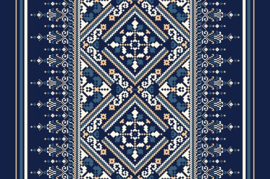 Geometrik etnik oryantal desen geleneksel olarak lacivert arka planda. Çiçek pikseli sanat nakış vektör ilüstrasyonu. ztec stili, soyut arkaplan. Doku, kumaş, kumaş, dekorasyon, eşarp için tasarım.