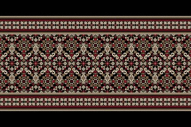 Siyah arka planda geleneksel geometrik etnik oryantal desen. Çiçek pikseli sanat nakış vektör ilüstrasyonu. ztec stili, soyut arkaplan. Doku, kumaş, kumaş, dekorasyon, atkı, baskı için tasarım