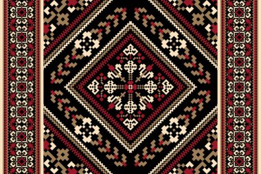 Siyah arka planda geleneksel geometrik etnik oryantal desen. Çiçek pikseli sanat nakış vektör ilüstrasyonu. ztec stili, soyut arkaplan. Doku, kumaş, kumaş, dekorasyon, atkı, baskı için tasarım