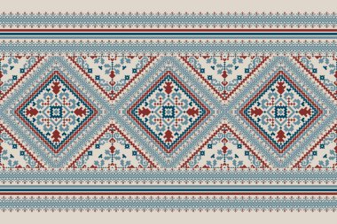 Geometrik etnik oryantal model vektörü illüstrasyonu. Gri arkaplan üzerine çiçek pikseli sanat nakışı, Aztek tarzı, soyut arkaplan. Doku, kumaş, giysi, ambalaj, dekorasyon, atkı, baskı için tasarım..