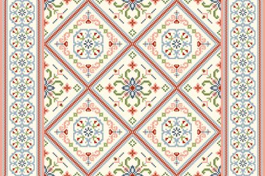 Geometrik etnik oryantal desen vektörü illüstrasyonu.Beyaz zemin üzerine çiçek pikseli sanat nakışı, Aztek tarzı, soyut arkaplan. Doku, kumaş, giysi, ambalaj, dekorasyon, eşarp, baskı