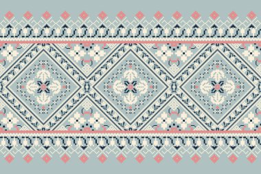 Geometrik etnik oryantal desen vektörü illüstrasyonu.Deniz mavisi arkaplan üzerine çiçek pikseli sanat nakışı, Aztek tarzı, soyut arkaplan tasarımı. Doku, kumaş, giysi, ambalaj, dekorasyon, eşarp.