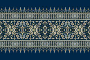 Geometrik etnik oryantal desen vektörü illüstrasyonu.Deniz mavisi arkaplan üzerine çiçek pikseli sanat nakışı, Aztek tarzı, soyut arkaplan tasarımı. Doku, kumaş, giysi, ambalaj, dekorasyon, eşarp.