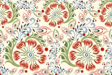 Beyaz arkaplan vektör illüstrasyonunda Ikat çiçek deseni. Ikat oryantal nakış, el çizimi, barok desen. Doku, kumaş, giysi, dekorasyon, sarong, moda kadınları için tasarım..