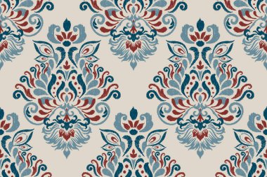 Gri arkaplan vektör illüstrasyonunda Ikat çiçek deseni. Ikat oryantal nakış, el çizimi, barok desen. Doku, kumaş, giysi, dekorasyon, sarong, moda kadınları için tasarım..