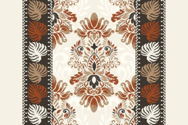 Beyaz arkaplan vektörü illüstrasyonunda Damask Ikat çiçek deseni. Mürekkep deseni deseni nakış soyut, el çizimi, barok. Doku, kumaş, giysi, ambalaj, süs, atkı, halı için tasarım.