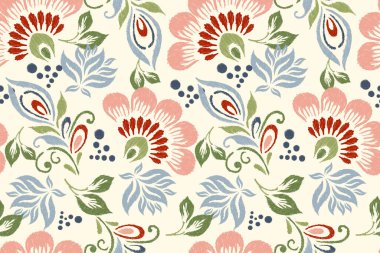 Beyaz arkaplan vektör illüstrasyonunda Ikat çiçek deseni. Ikat oryantal nakış, el çizimi, barok desen. Doku, kumaş, giysi, dekorasyon, sarong, moda kadınları için tasarım..