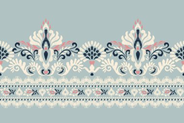 kumaş deseninde mürekkep. Mavi arkaplan vektör illüstrasyonunda Ikat çiçek nakışı. El çizimi, batik, barok stili. Doku, kumaş, giysi, ambalaj, dekorasyon, sarong, atkı, iz..