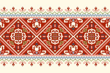 Geometrik etnik oryantal desen vektörü illüstrasyonu.Beyaz zemin üzerine çiçek pikseli sanat nakışı, Aztek tarzı, soyut arkaplan. Doku, kumaş, giysi, ambalaj, dekorasyon, eşarp, baskı