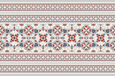 Geometrik etnik oryantal desen çizimi. Gri arkaplan üzerine çiçek pikseli sanat nakışı. Soyut, Slav süsü. Doku, kumaş, ambalaj, dekorasyon, eşarp tasarımı..