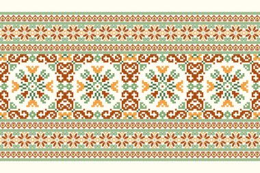 Beyaz arkaplan vektörü illüstrasyonunda geometrik etnik oryantal desen. Çiçek pikseli sanat nakışı, Aztek tarzı, Slav süsü. Doku, kumaş, giysi, ambalaj, dekorasyon, sarong, eşarp.