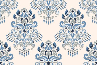 Beyaz arkaplan vektör illüstrasyonunda Ikat çiçek deseni. Ikat oryantal nakış, el çizimi, barok desen. Doku, kumaş, giysi, dekorasyon, sarong, moda kadınları için tasarım..