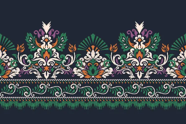 Patrón Floral Arabesque Ikat Sobre Fondo Negro Vector Illustration Ink — Vector de stock