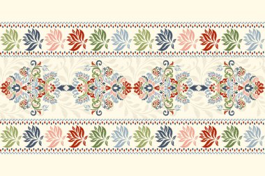 Beyaz arkaplan vektörü illüstrasyonunda Ikat çiçek deseni. Ikat oryantal nakış, el çizimi, barok desen. Doku, kumaş, giysi, dekorasyon, halı, atkı, baskı, tekstil için tasarım.