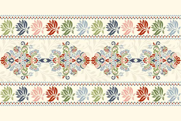 Beyaz arkaplan vektörü illüstrasyonunda Ikat çiçek deseni. Ikat oryantal nakış, el çizimi, barok desen. Doku, kumaş, giysi, dekorasyon, halı, atkı, baskı, tekstil için tasarım.