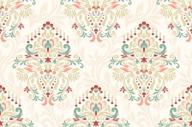 Beyaz arkaplan vektörü illüstrasyonunda Damask Ikat çiçek deseni. Etnik oryantal nakış, barok, el çizimi. Doku, kumaş, giysi, ambalaj, dekorasyon, eşarp tasarımı.