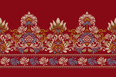 Kırmızı arkaplan vektörü illüstrasyonundaki Damask Ikat çiçek deseni. Geometrik etnik Ikat doğuya özgü nakış. El çizimi, barok. Doku, kumaş, giysi, ambalaj, dekorasyon, sarong için tasarım..
