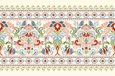 Beyaz arkaplan vektör illüstrasyonunda Damask Ikat çiçek deseni. Etnik oryantal nakış geleneği. El çizimi, baroque.Desen, kumaş, giysi, dekorasyon, atkı, baskı,.