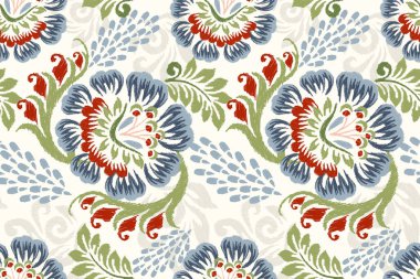 Beyaz arkaplan vektör illüstrasyonunda Ikat çiçek deseni. Ikat oryantal nakış, el çizimi, barok desen. Doku, kumaş, giysi, dekorasyon, sarong, moda kadınları için tasarım..