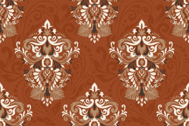 Turuncu arkaplan vektörü illüstrasyonunda Damask Ikat çiçek deseni. Etnik oryantal gelenek, el çizimi, barok. Doku, kumaş, giysi, dekorasyon, sarong, iz.
