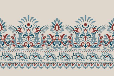 Gri arkaplan vektör illüstrasyonunda Damask Ikat çiçek deseni. İkat etnik doğu nakışı, Aztek tarzı, soyut özgeçmiş. Doku, kumaş, giysi, ambalaj, dekorasyon, sarong, eşarp için tasarım..