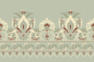 Yeşil arkaplan vektör illüstrasyonunda Damask Ikat çiçek deseni. Etnik oryantal nakış geleneği. El çizimi, barok. Doku, kumaş, giysi, dekorasyon, sarong, eşarp için tasarım.