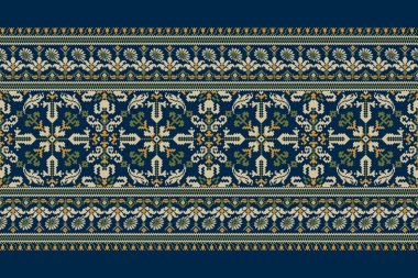 Geometrik etnik oryantal desen vektörü illüstrasyonu.Deniz mavisi arkaplan üzerine çiçek pikseli sanat nakışı, Aztek tarzı, soyut arkaplan tasarımı. Doku, kumaş, giysi, ambalaj, dekorasyon, eşarp.