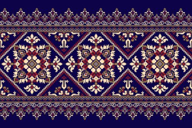 Geometrik etnik oryantal model vektörü illüstrasyonu.Mor zemin üzerine çiçek pikseli sanat nakışı, Aztek tarzı, soyut arkaplan. Doku, kumaş, giysi, ambalaj, dekorasyon, atkı, halı.